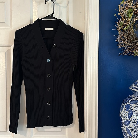 NWOT Women’s SANDRO Paris Gabrielle Black Colored Ribbed-Knit Cardigan Size L - Picture 3 of 7